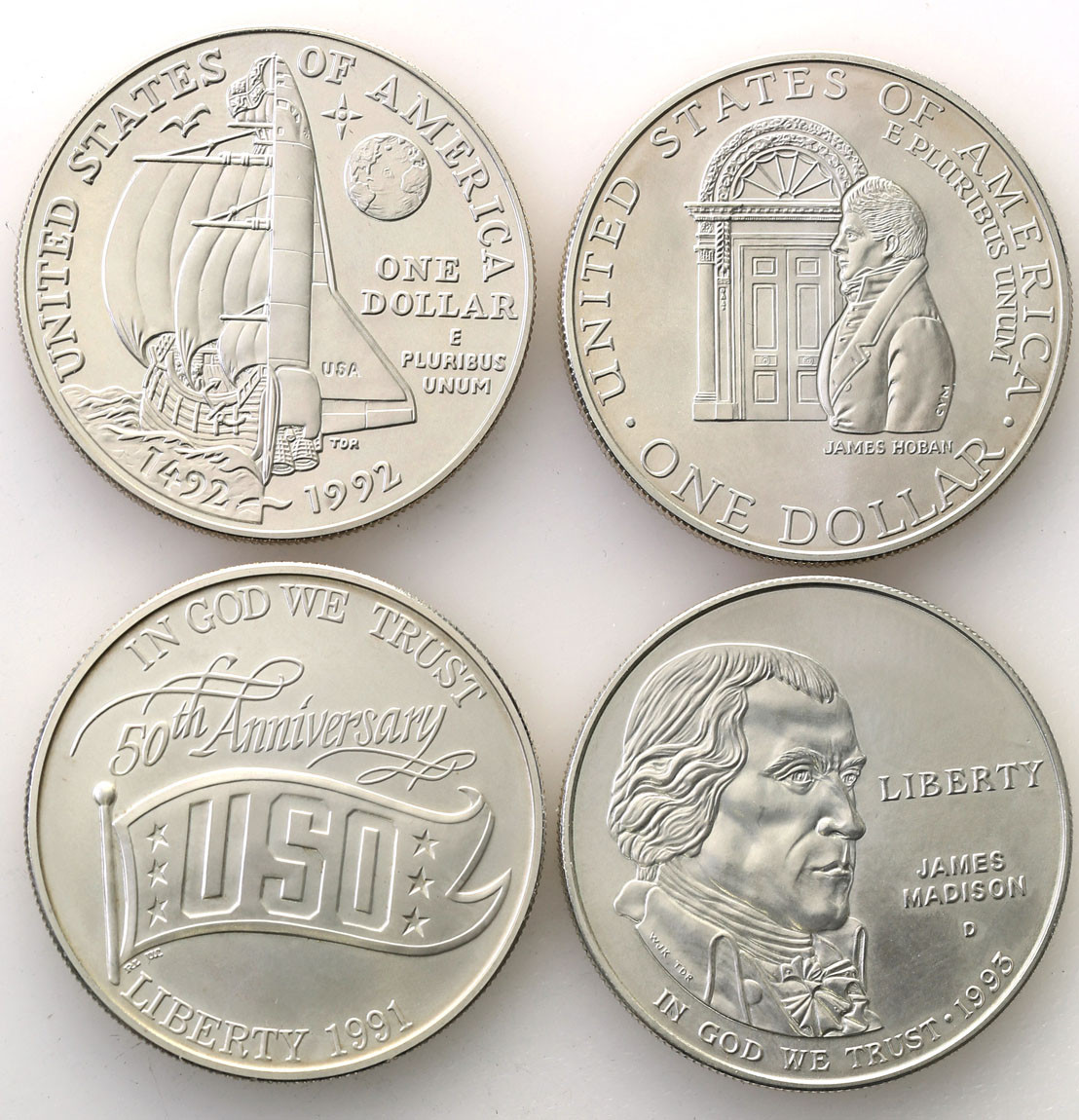 USA. Dolar 1991 + 1993, zestaw 4 sztuk